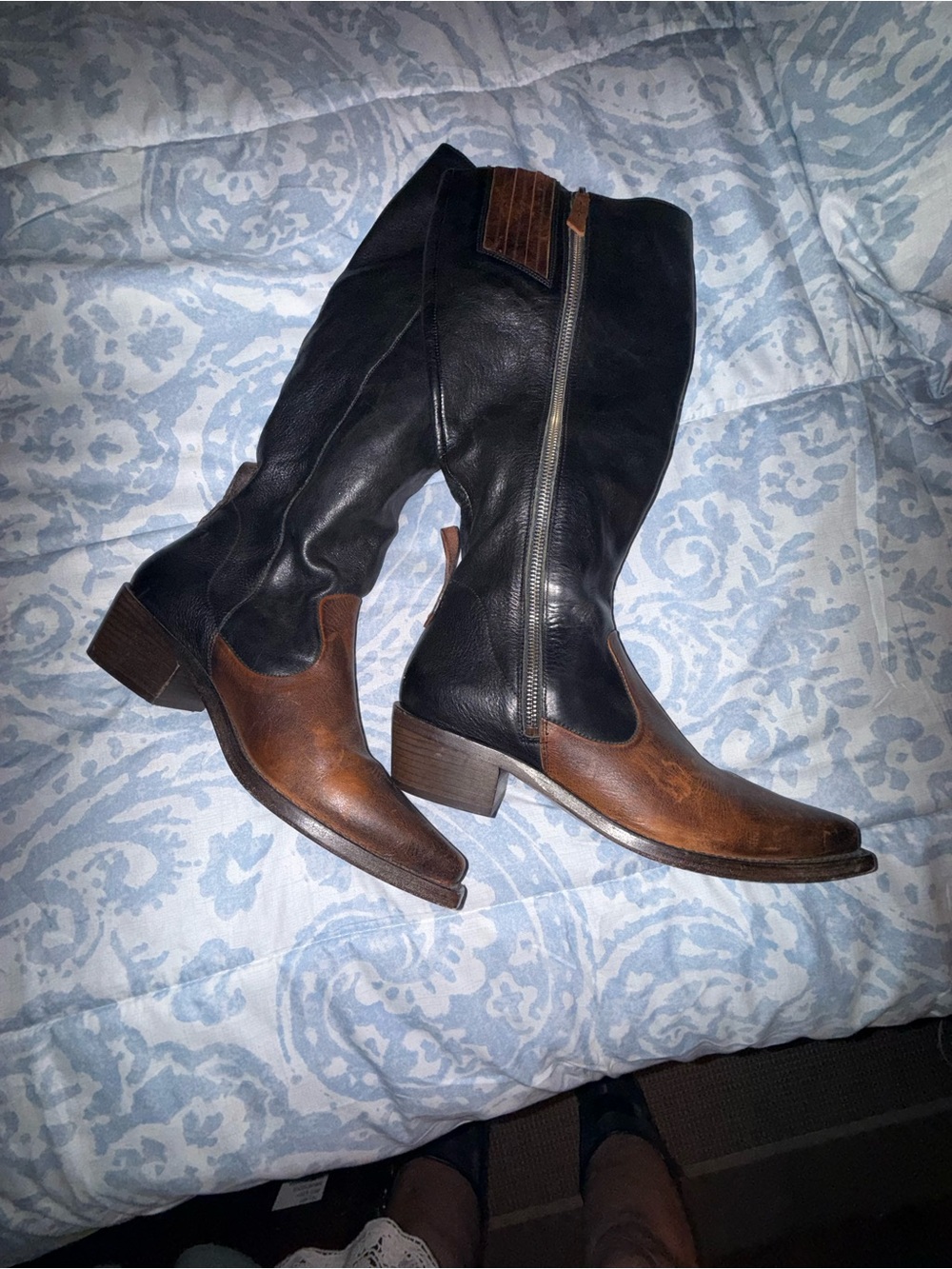 Free People Two-Tone Brown and Black Leather Heeled Knee Boots